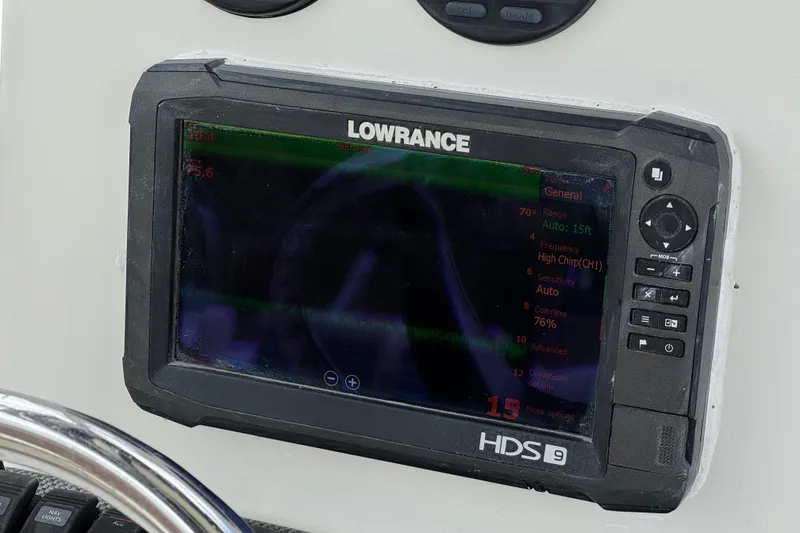 Slide: The Image of Lowrance HDS-9 fishfinder on 2014 Carolina Skiff 23 Ultra Elite SS dashboard. - 29
