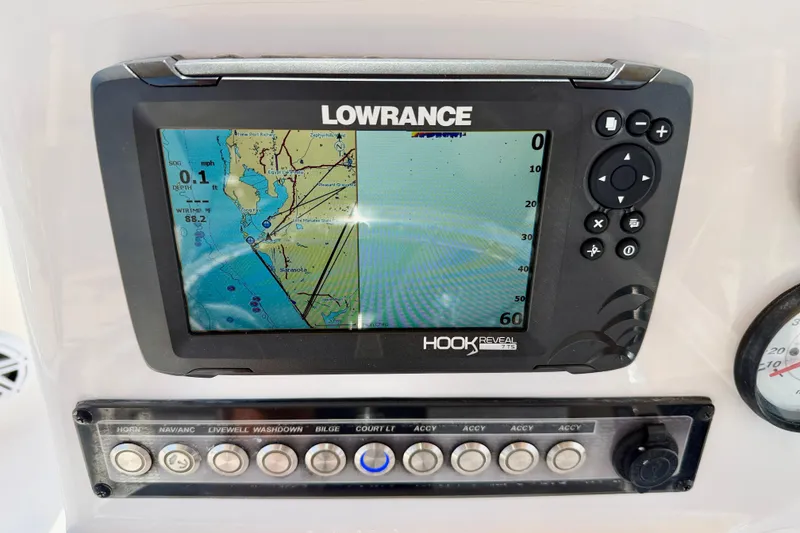 Slide: The Image of Lowrance Hook Reveal GPS on 2021 Tidewater 1910 Bay Max boat dashboard. - 15