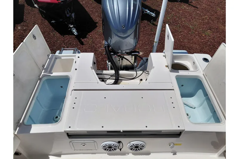 Slide: The Image of 2023 Robalo 246 Cayman boat deck with storage compartments and outboard motor. - 46