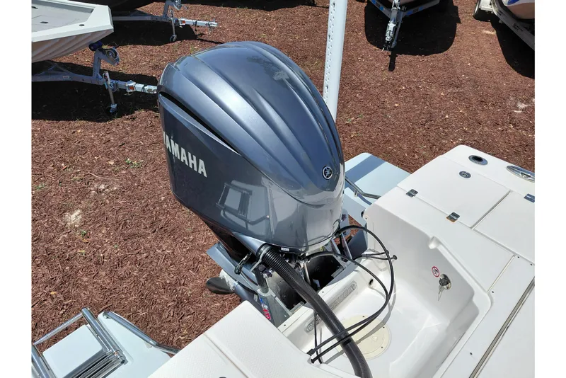 Slide: The Image of 2023 Robalo 246 Cayman boat with Yamaha outboard motor, displayed on mulch ground. - 51