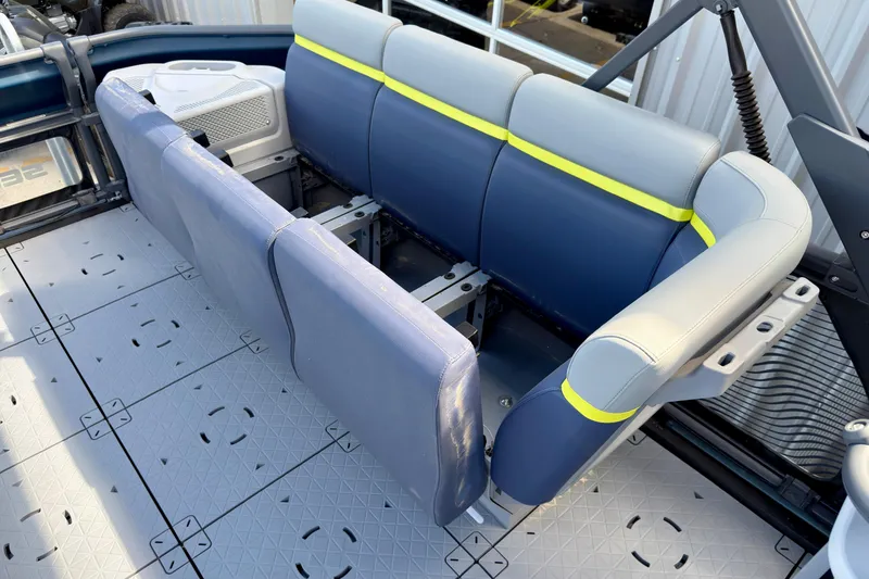 Slide: The Image of 2026 Sea-Doo Switch Cruise Limited 21 interior seating with blue and gray upholstery. - 24