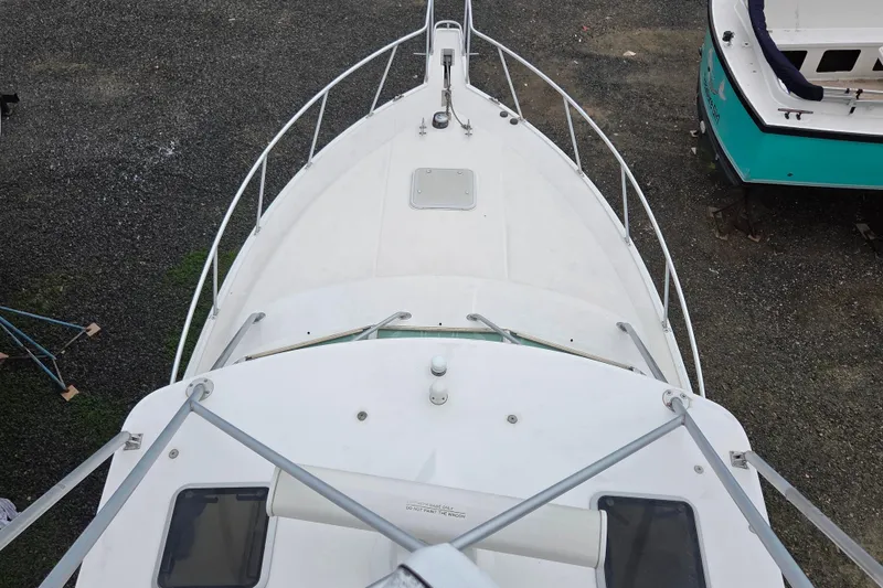 Slide: The Image of Overhead view of a 1999 Cabo 35 Express boat on dry land. - 40