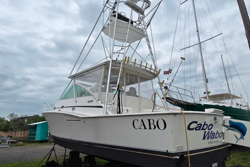 Slide: The Image of 1999 Cabo 35 Express boat on land, cloudy sky background. - 5