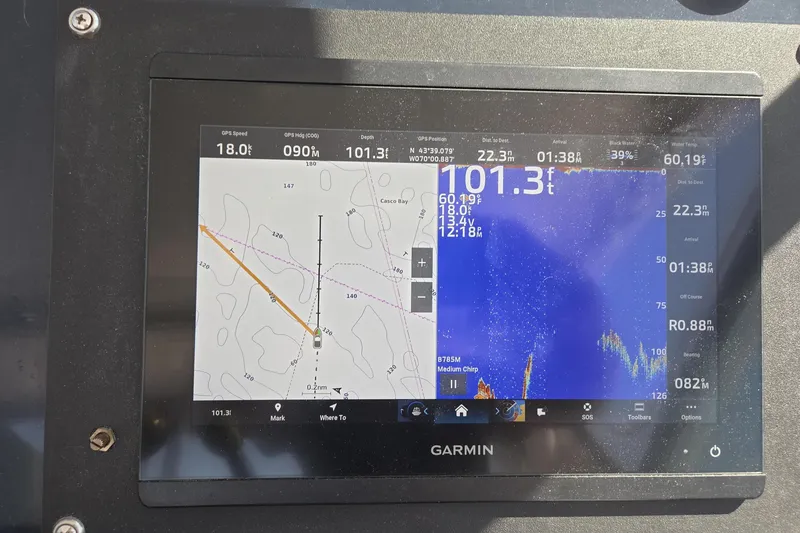 Slide: The Image of Garmin navigation display on 1998 Tiara Yachts 3500 Open, showing map and sonar data. - 33
