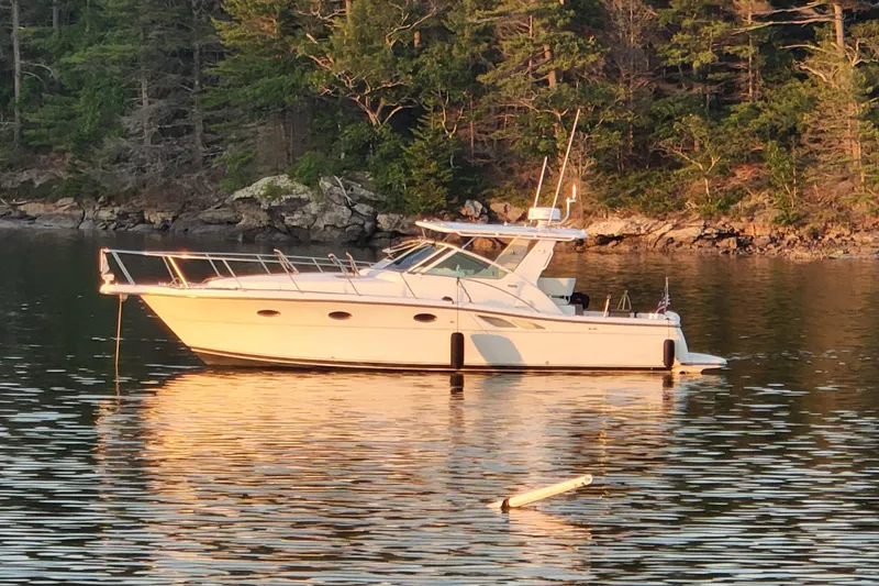 Slide: The Image of 1998 Tiara Yachts 3500 Open boat anchored on calm water near a forested shoreline. - 9