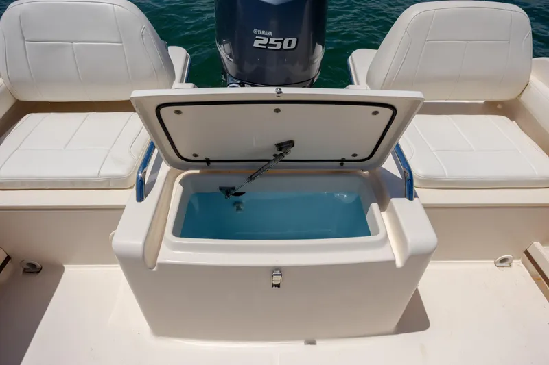 Slide: The Image of Open storage compartment on 2019 Grady-White Freedom 215 boat, featuring Yamaha 250 engine. - 23