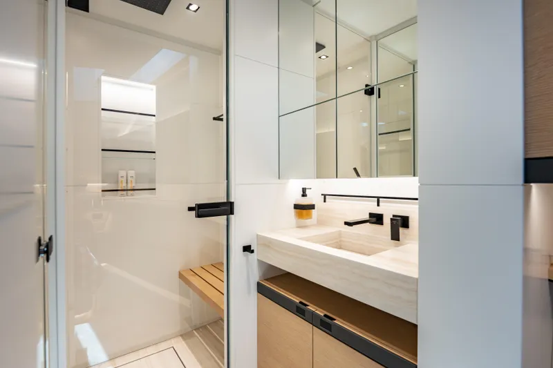 Slide: The Image of Luxurious bathroom interior on Wajer 77 yacht, featuring modern fixtures and elegant design. - 52