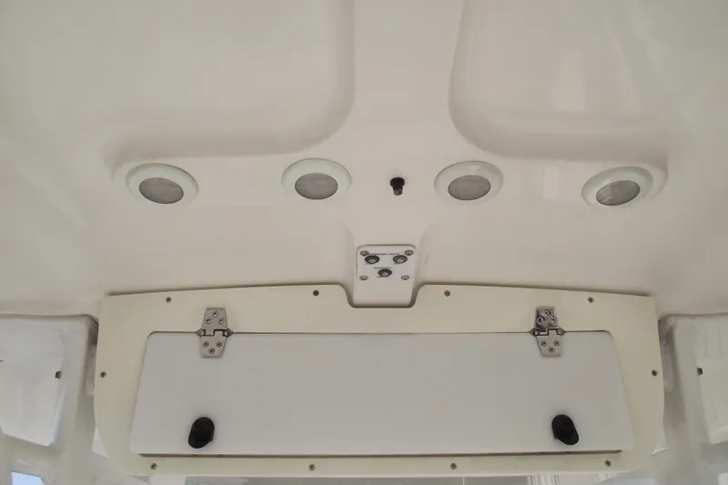 Slide: The Image of Ceiling view of 2014 Sea Hunt Gamefish 25 boat with built-in lights and storage compartment. - 25