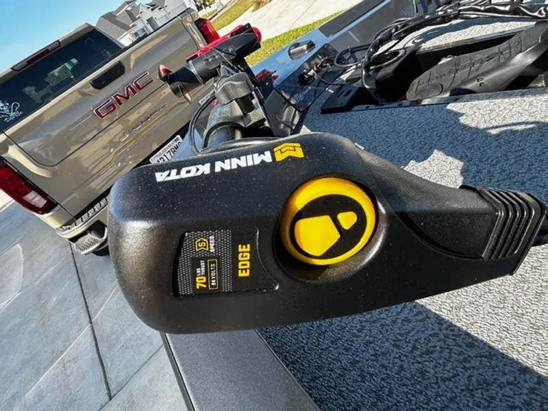 Slide: The Image of Minn Kota Edge motor on G3 Sportsman 2022 boat, GMC truck in background. - 8