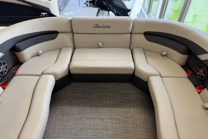 Slide: The Image of Luxurious seating in the 2025 Barletta Cabrio 22UC pontoon boat, featuring elegant upholstery. - 23