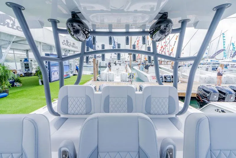 Slide: The Image of Manufacturer Provided Image: Interior view of 2025 SeaHunter 41 CTS boat with luxurious seating and modern design. - 9