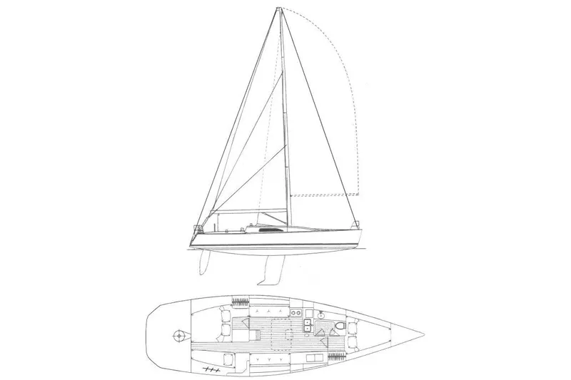 Slide: The Image of Line drawing of a 1994 Nelson Marek 43 sailboat with interior layout. - 9