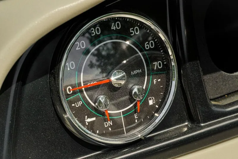 Slide: The Image of Dashboard gauge of 2026 Dockside Pontoons 22DQ, displaying speed and fuel levels. - 20