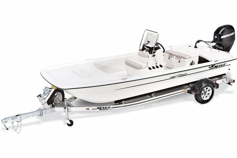 Slide: The Image of Manufacturer Provided Image: 2015 Mako Pro Skiff 17 CC boat on trailer, featuring a sleek white design. - 11
