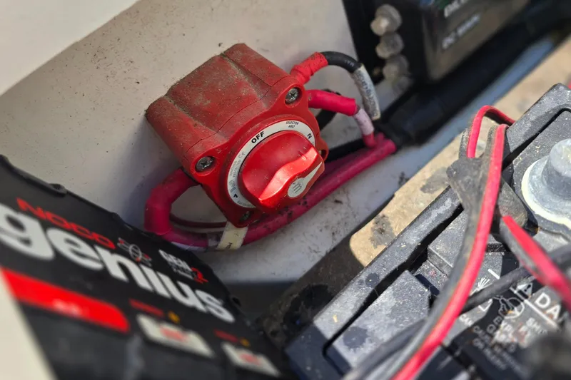 Slide: The Image of Battery switch and wiring in a 2017 Boston Whaler 210 Montauk boat. - 29
