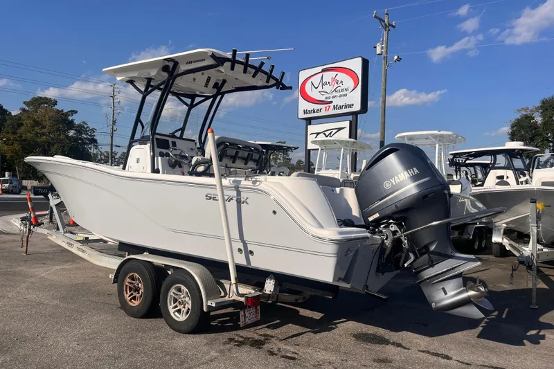 Slide: The Image of 2020 Sea Fox 248 Commander boat on trailer at Marker 17 Marine dealership. - 3