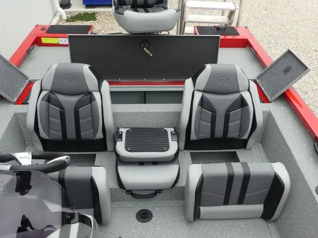 Slide: The Image of Interior of 2026 G3 Sportsman 1710 boat with gray and black seating. - 26