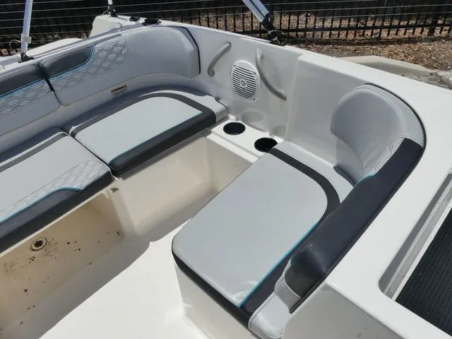 Slide: The Image of Interior of 2022 Bayliner Element M17 boat with gray upholstery. - 6