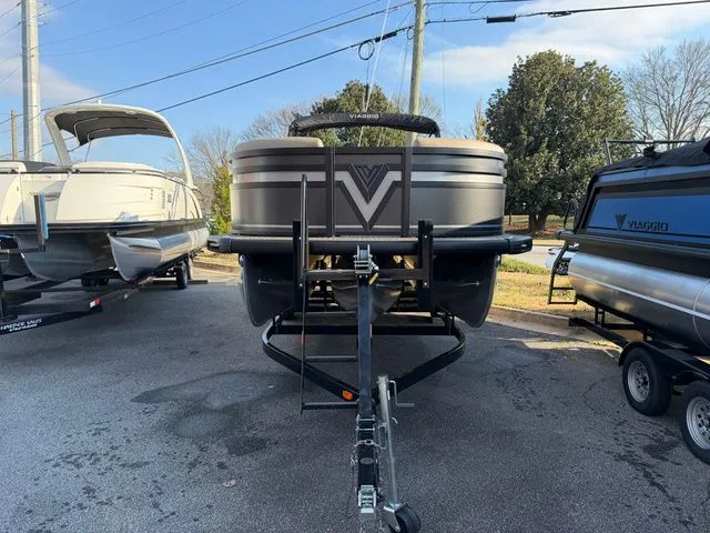 Slide: The Image of Viaggio x22u 2026 pontoon boat on trailer, ready for adventure. - 8