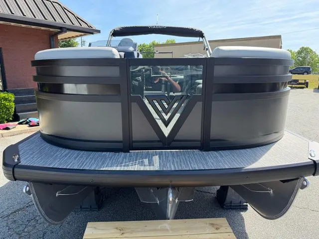 Slide: The Image of Viaggio Lago Z22B 2026 pontoon boat on parking lot, modern design. - 12
