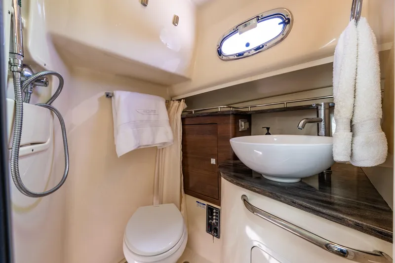 Slide: The Image of Luxurious bathroom in 2019 Boston Whaler 345 Conquest boat with modern fixtures. - 20