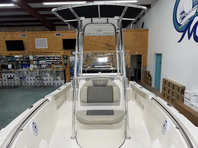 Slide: The Image of Interior view of Key West 189 FS boat, 2026 model, in a warehouse. - 27