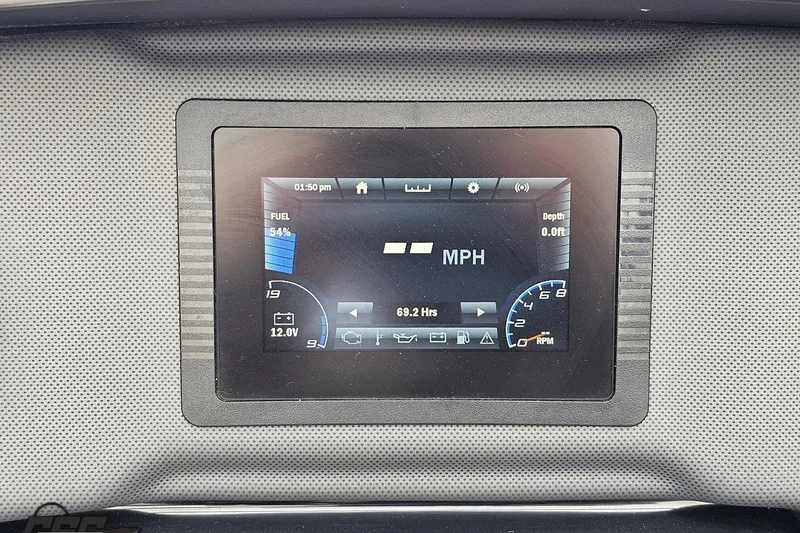 Slide: The Image of Dashboard display of 2022 Yamaha Boats AR195 showing speed, fuel, and RPM. - 61
