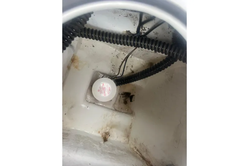 Slide: The Image of 2015 Bayliner Element XL bilge area with wiring and pump visible. - 24