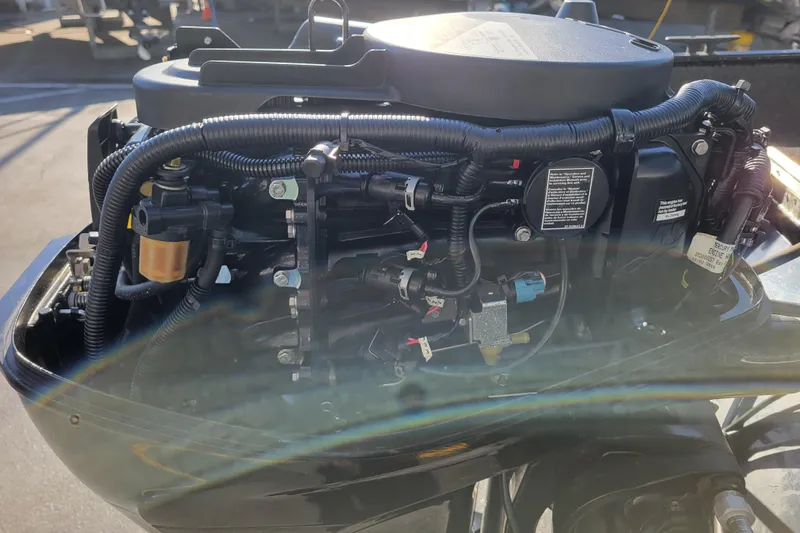 Slide: The Image of 2017 Lowe Fishing Machine 160S engine close-up, showcasing intricate wiring and components. - 16