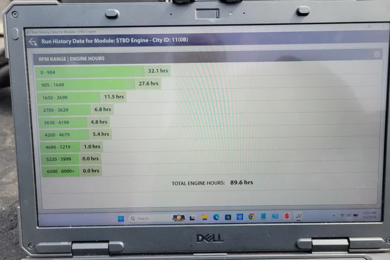 Slide: The Image of Laptop displaying engine run history data for Lowe Fishing Machine 160S, 2017 model. - 18