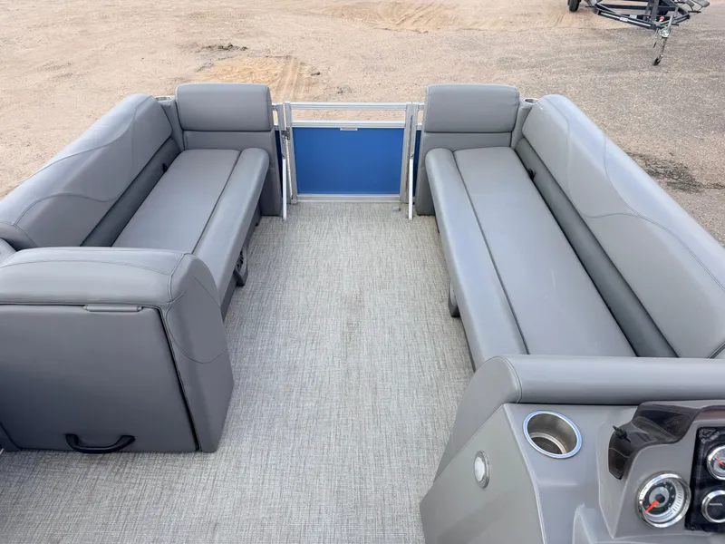 Slide: The Image of Interior of 2022 Tahoe Sport 2080 CRB boat with gray seating. - 3