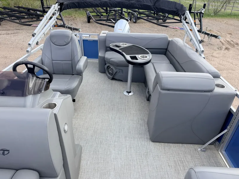 Slide: The Image of Interior of 2022 Tahoe Sport 2080 CRB boat with gray seating. - 5