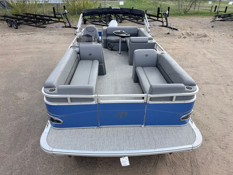 Slide: The Image of 2022 Tahoe Sport 2080 CRB pontoon boat with gray seating. - 8