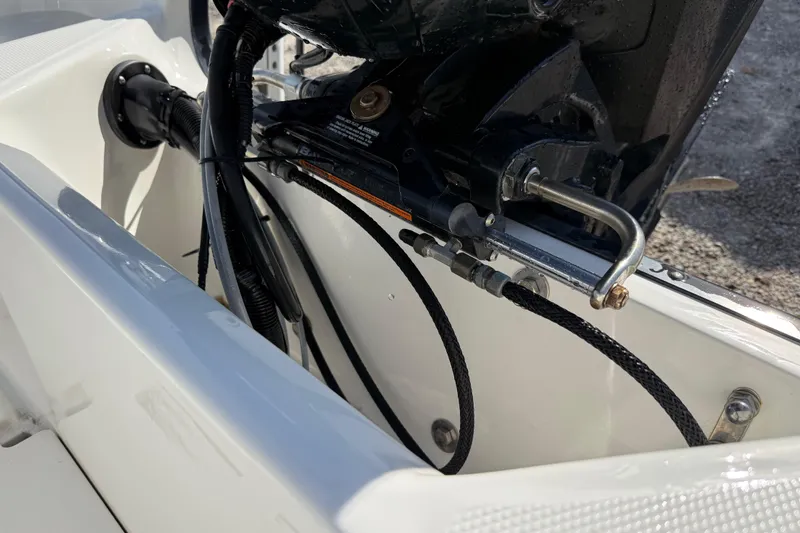 Slide: The Image of Close-up of 2015 Boston Whaler 170 Montauk boat engine components and wiring. - 15