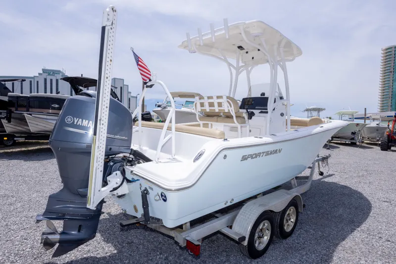 Slide: The Image of 2015 Sportsman Heritage 211 Center Console boat on trailer with Yamaha outboard motor. - 10