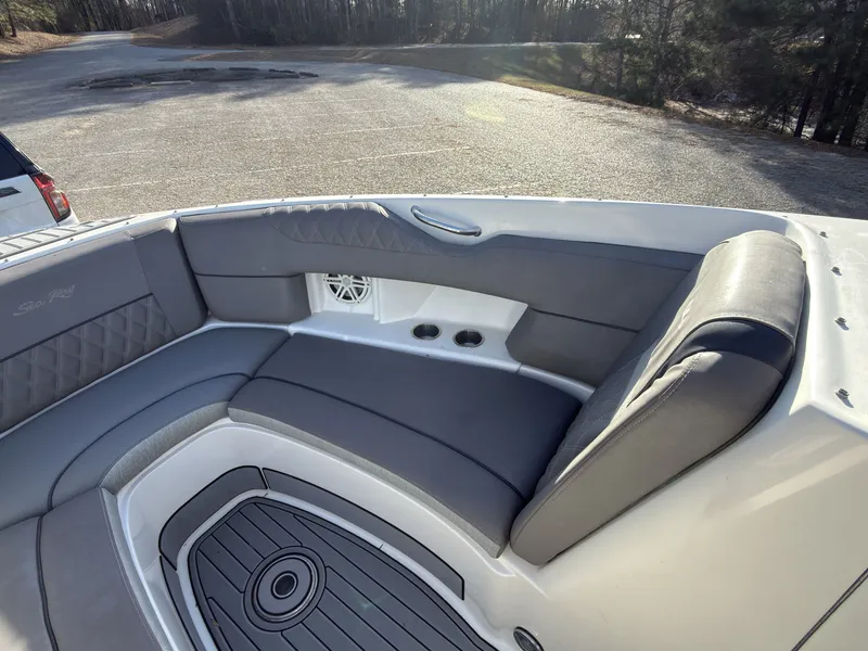 Slide: The Image of Interior of a 2008 Sea Ray 270 SLX with gray upholstery. - 13