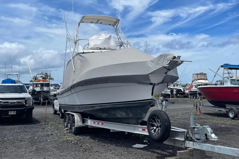 Slide: The Image of 2006 Strike 29 CC boat on trailer, covered, in a marina with cloudy sky. - 19
