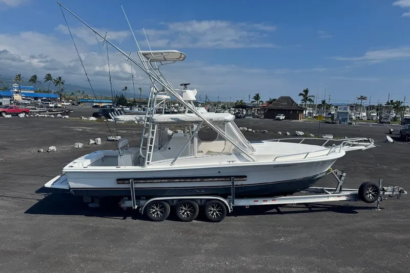 Slide: The Image of 2006 Strike 29 CC boat on trailer in sunny marina setting. - 3