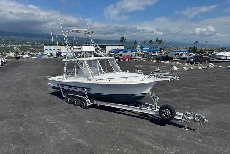 Slide: The Image of 2006 Strike 29 CC boat on trailer in marina parking lot under blue sky. - 4