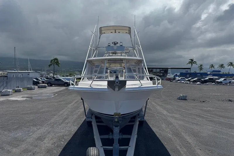 Slide: The Image of 2006 Strike 29 CC boat on trailer in a marina with cloudy skies. - 5