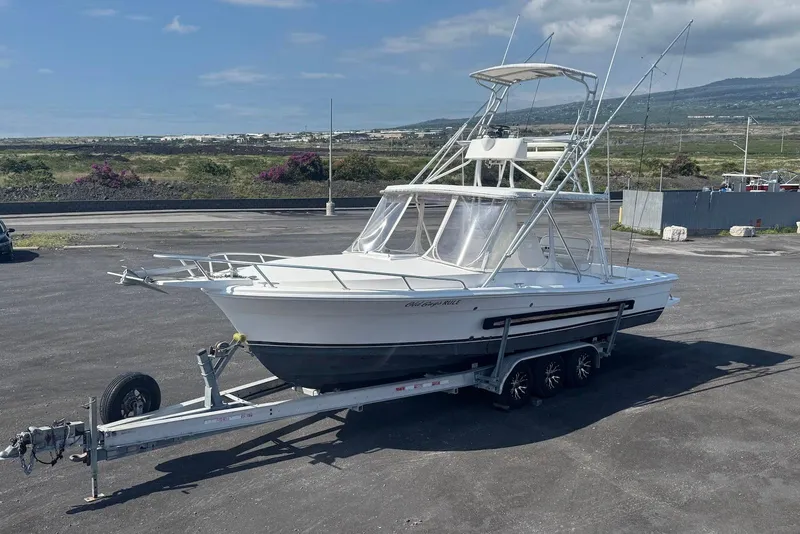 Slide: The Image of 2006 Strike 29 CC boat on trailer in a parking lot, clear sky background. - 6