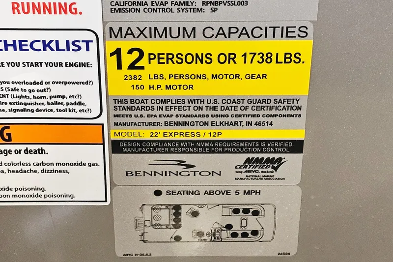 Slide: The Image of 2024 Bennington 22 S Swingback capacity label, 12 persons or 1738 lbs, 150 HP motor. - 20