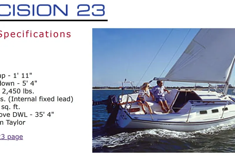 Slide: The Image of Sailboat on water with two people, featuring Precision 23 specifications. - 7