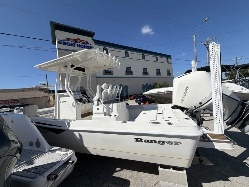 Slide: The Image of 2023 Ranger 2510 boat displayed outside a building under blue sky. - 4