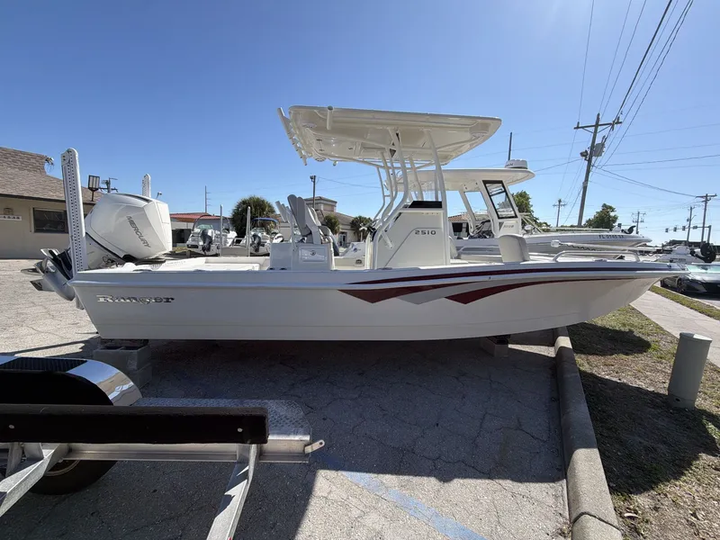 Slide: The Image of 2023 Ranger 2510 boat parked outdoors under sunny skies. - 8