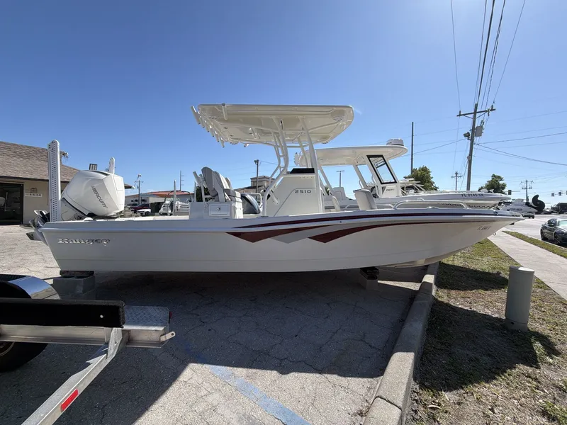 Slide: The Image of 2023 Ranger 2510 boat on a trailer under sunny skies. - 9