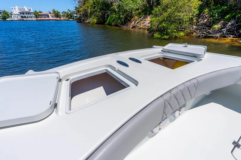 Slide: The Image of 2019 Freeman 42LR boat deck with open hatches, near lush shoreline. - 31