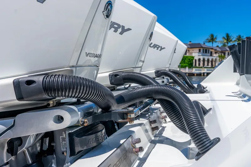 Slide: The Image of Outboard engines on a 2019 Freeman 42LR boat, featuring Mercury Verado motors. - 43