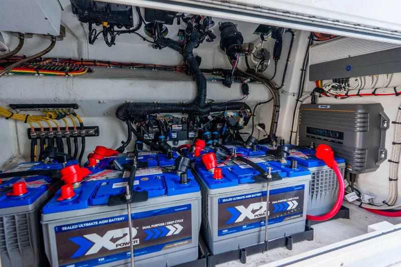 Slide: The Image of Battery compartment of a 2019 Freeman 42LR boat, featuring AGM batteries and wiring. - 63