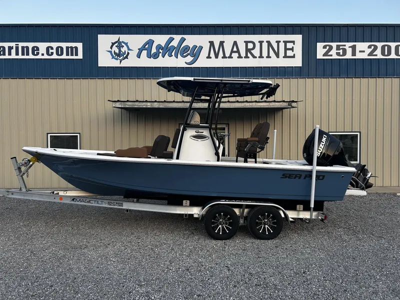 The Image of 2026 Sea Pro 230 Bay boat in front of Ashley Marine building. - 1